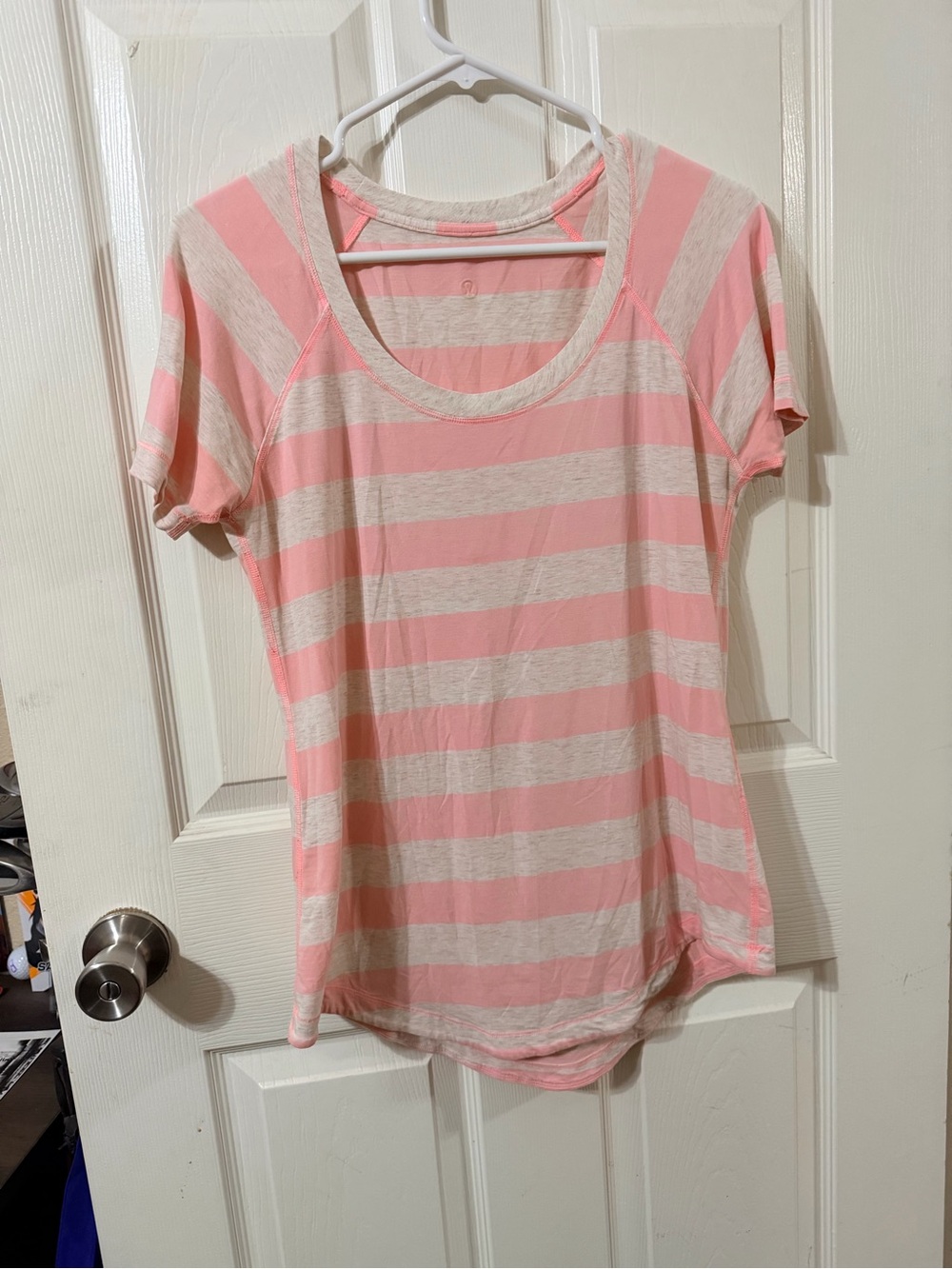 Lululemon Women's Pink and Cream Striped Short-Sleeve Tee